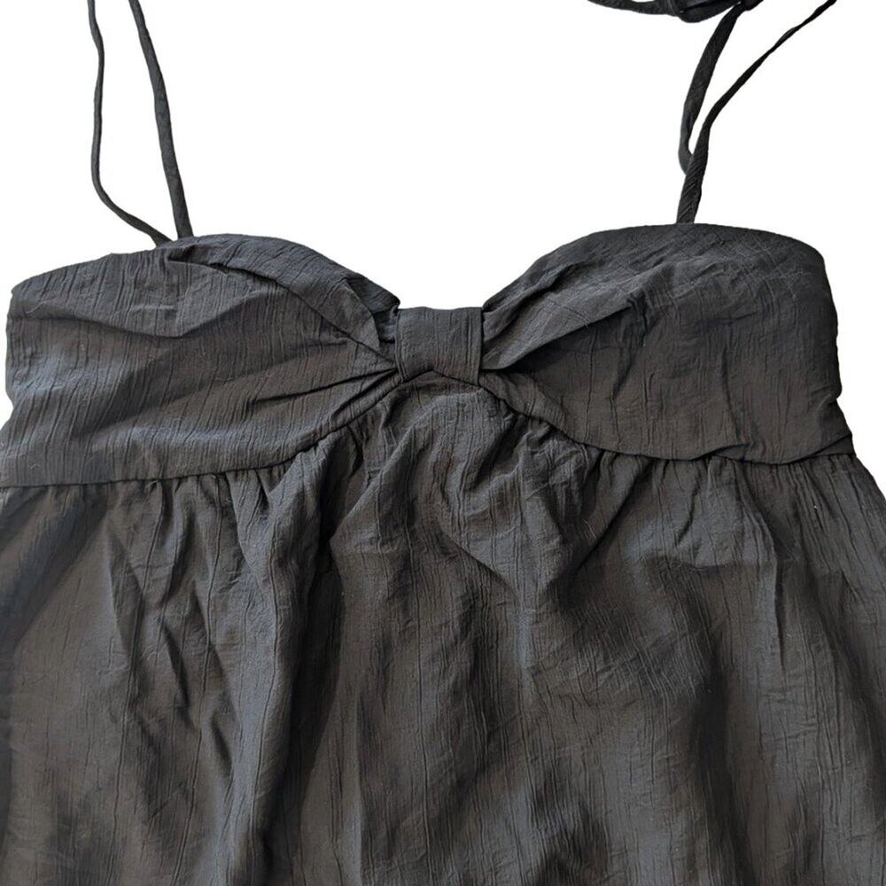 Black Babydoll Mini Dress Bow Front Adjustable Straps XS Lined Minimalist Summer